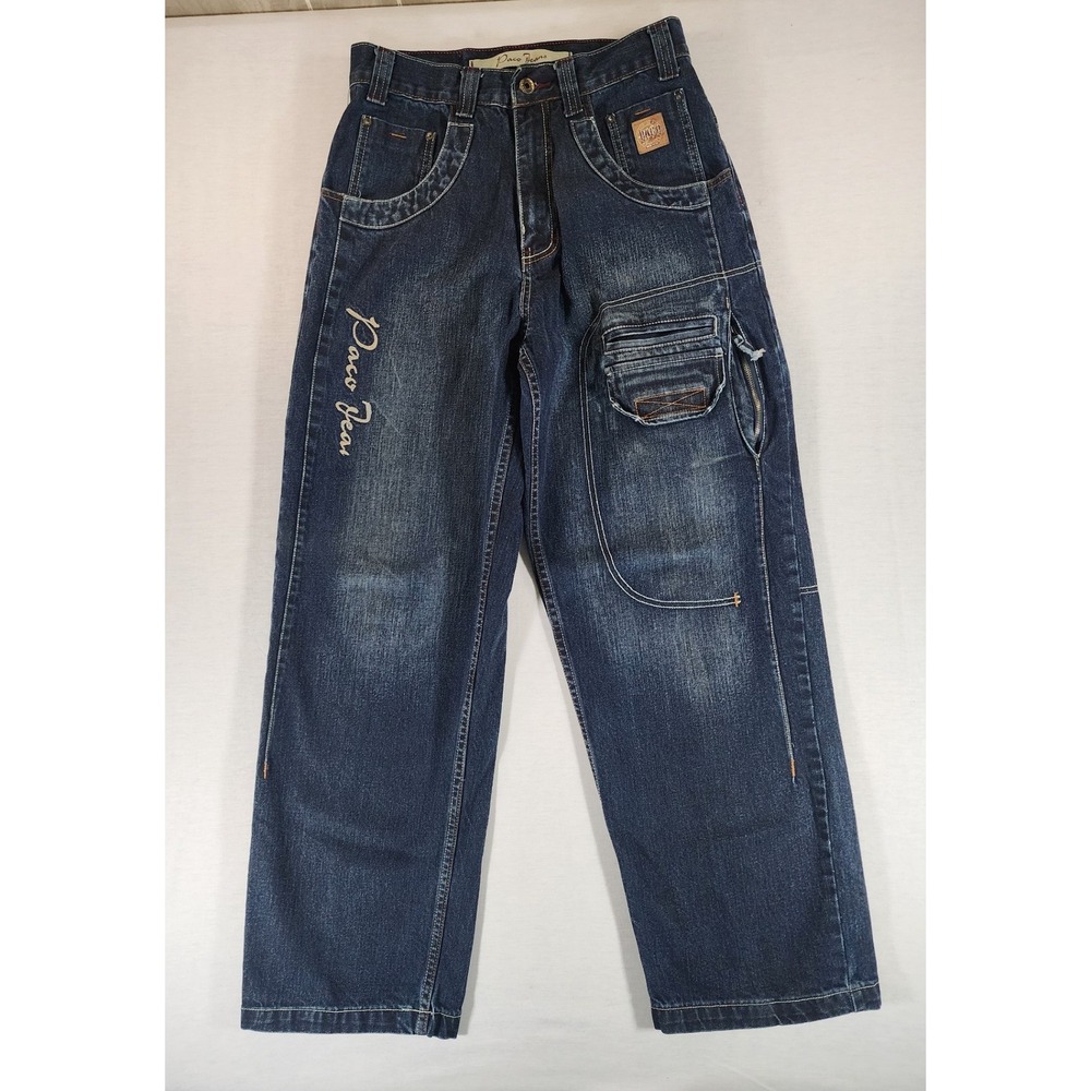 Paco Jeans Baggy Mens 30x32 Wide Leg Pocket Dark Wash Embroidered Y2K Streetwear